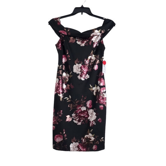 PREMIER AMOUR FLORAL OFF SHOULDER COCKTAIL DRESS Black/Burgundy/Silver S… - Picture 3 of 12